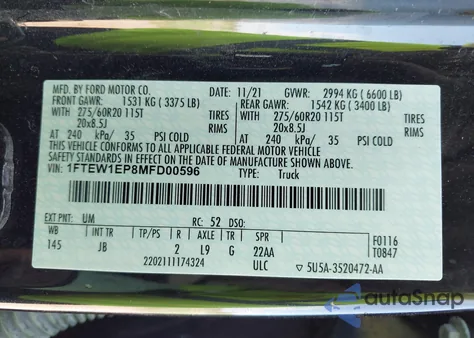 2021 Ford F-150 Xl из США, поврежденный, VIN 1FTEW1EP8MFD00596